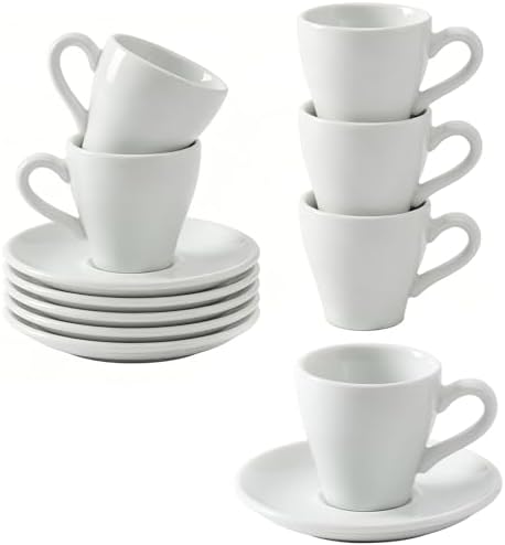 Espresso Cups Set of 6, 2.8 oz White Espresso Cups and Saucers by Abestware
