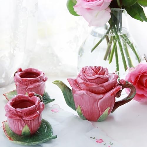 Ceramic Rose Tea Pot Set, 3D Hand-painted Rose Red Flower Cup and Green Leaves Saucer, Set of 5 - Image 4