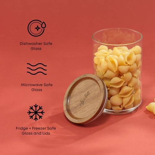 JoyJolt Holden 7-Piece Stackable Glass Storage Containers with Lids, Airtight Food Canister Set with Acacia Wood Lids, Round Stacking Pantry and Kitchen Containers for Pasta, Flour, Sugar, Coffee - Image 3