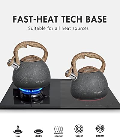 POLIVIAR Tea Kettle, 2.7 Quart Natural Stone Finish with Wood Pattern Handle Loud Whistle Food Grade Stainless Steel Teapot, Anti-Hot Handle and Anti-Rust, Suitable for All Heat Sources (JX2018-GR20) - Image 3