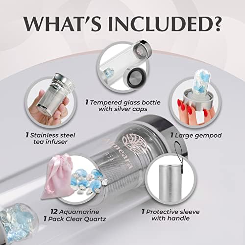 Almeara Crystal Water Bottle with Authentic Aquamarine Stones and Clear Quartz Removable Gemstones, Loose Leaf Tea Infuser - Relaxation, Healing & Spiritual Gifts for Women - Witchcraft Supplies - Image 6