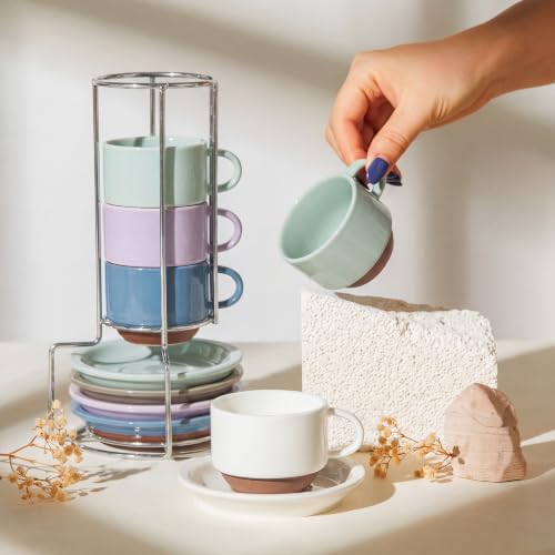 Sweese 2.5 oz Stackable Coffee Cups with Saucers and Metal Stand Set of 4 - Image 3