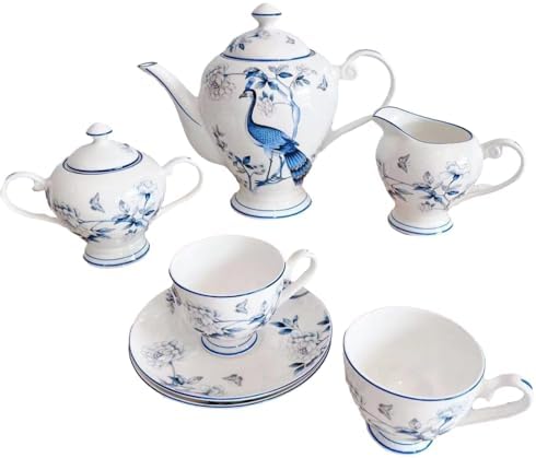 Bone Porcelain Coffee Pot Tea Cup Set With Blue Peacock Pattern Coffee Pot Set-Blue Peacock 15 piece coffee set gift box by CAPIJIONG