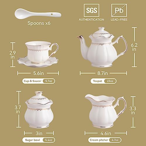 Sweejar Porcelain Tea Set With Gold Trim - Ceramic Tea pot and Sugar & Creamer Pitcher, Delicate Tea Cup and Saucer Set of 6, Suitable for daily life - Image 5