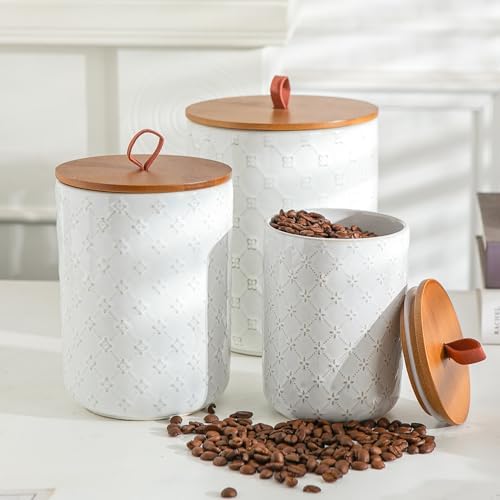 White Ceramic Canisters Set with Airtight Lids, 82/48/30 oz Coffee Canisters Sets for the Kitchen, Large Jars for Flour, Sugar, Pasta, Coffee, Cookies, Tea - Set of 3, Embossed Pattern - Image 2