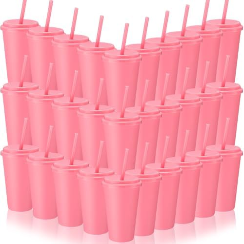 Honeydak 30 Pack Reusable Plastic Tumblers with Lids and Straws 12oz Colorful Cold Drink Cups Bulk Travel Mug Leak Proof Party Iced Coffee Cups for Summer Party Birthday Gift (No Glitter,Pink) by Honeydak