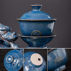 Ceramic Teapot with Infuser Semi Automatic Tea Set Magic Teapot with 8 cups Gradient Color (Blue Dragon- B) - Image 3