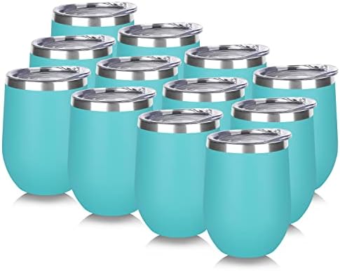 DOMICARE Stainless Steel Wine Tumbler Bulk with Lid, Personalized Insulated Tumblers Set, 12oz Travel Coffee Cups Pack of 12, Light Blue by VisittheDOMICARE
