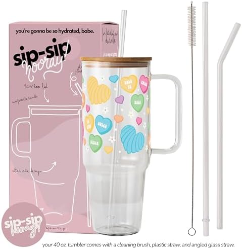Sip-Sip Hooray! Conversation Heart Candy 40oz Glass Tumbler with Lid - Image 2