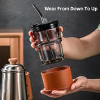 Glass Tumbler with Straw & Leather Sleeve – Reusable, Thick Borosilicate Glass Coffee Cup with Handle Grip | 400ml Iced Coffee Mug | with extra steel straw and straw cleaning brush - Image 7