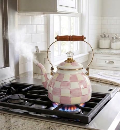 Checkered Tea Kettle for Checkered Kitchen Decor - Pink and White Tea Kettle for Stovetop - Stylish Enamel Teapot with Wooden Handle - Vintage Classic Teapot with Elegant Lid & Knob- 2.5 Quart - Image 2