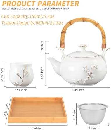 Japanese Tea Set Porcelain Tea Set with Teapot and Tea Cup Set for 4, White Tea Sets for Adults with Stainless Infuser and Bamboo Tray, Asian Tea Set for Tea Lovers/Women/Men (White Plum) - Image 4