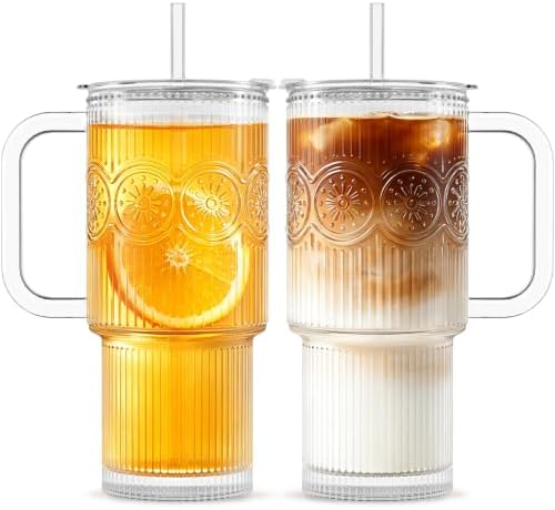 INSETLAN 24 oz Ribbed & Floral Glass Tumblers with Handle, Set of 2 Cups by INSETLAN