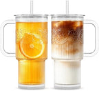 INSETLAN 24 oz Ribbed & Floral Glass Tumblers with Handle, Set of 2 Cups by INSETLAN