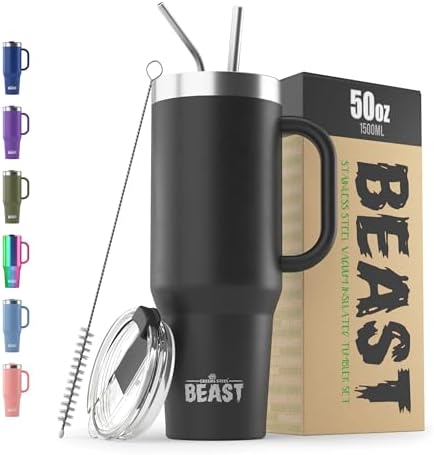 50oz Tumbler with Handle and Straw - Large Insulated Travel Mug for Water, Hot and Iced Coffee - Leak Resistant Stainless Steel Insulated Tumbler with Lid - Gifts for Mom, Women and Men (Matte Black) by GreensSteel