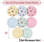 BTaT- Porcelain Floral Plates Set of 8, 8 Inch, Assorted Pastel Colors with Golden Rim, Floral Dessert Plates, Spring Dinnerware, Dishwasher & Freezer Safe - Image 2