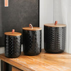 JOJUNO Black Embossed Ceramic Canister 3 Piece with Airtight Bamboo Lid - Image 6