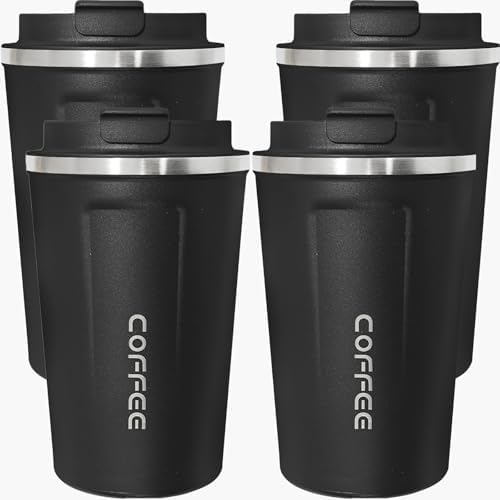 4 Pack Travel Coffee Mug 17oz Insulated Coffee Cup with Lid, Reusable Thermal Coffee Cup Stainless Steel Coffee Tumbler to Keep Hot & Cold Drinks for Car, Daily, Travel and Gifts, Black by Unknown