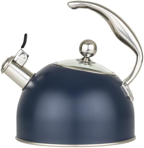 Viking 3-Ply Stainless Steel Tea Kettle, 2.6 Quart Stovetop Hot Water Pot with Tempered Glass Lid, Ergonomic Handle, Induction Ready, Slate and Blue by Unknown