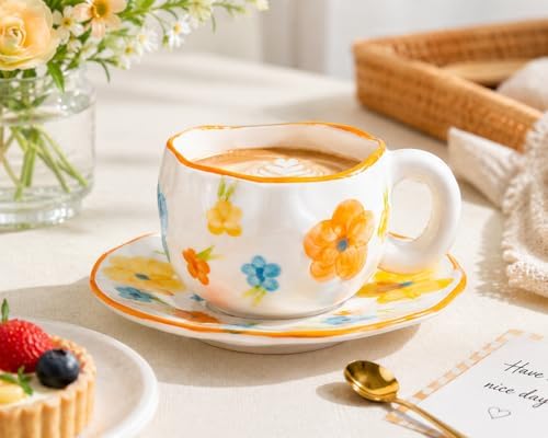 10oz Hand-Painted Ceramic Cup and Saucer Set, Cute Floral Print Coffee Mug with Handle, Porcelain Tea Cup for Office, Home, Kitchen, for Coffee Lovers - Image 3
