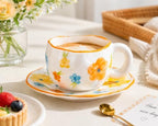 10oz Hand-Painted Ceramic Cup and Saucer Set, Cute Floral Print Coffee Mug with Handle, Porcelain Tea Cup for Office, Home, Kitchen, for Coffee Lovers - Image 3