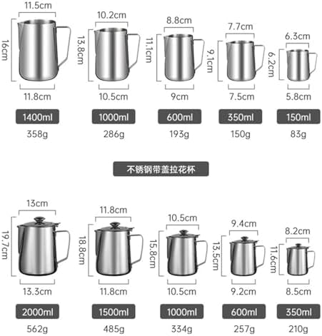 Coffee Cup Latte Art Pitcher Milk Frother Barista Steel With Lid Machine With Graduated(2000ml,No lid) - Image 4