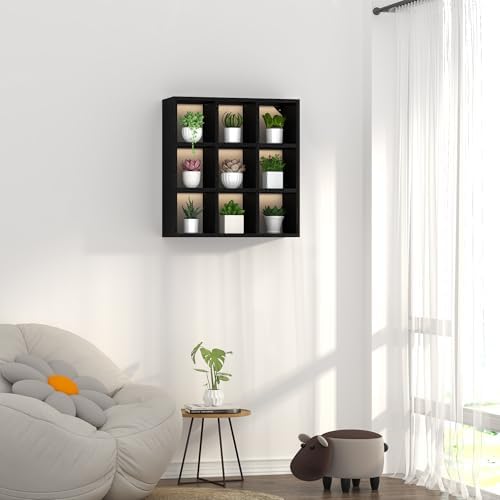 Helsin 9 Grid Vintage Coffee Mug Display Rack, 16inch Wall Mounted Wooden Curio Shadow Box Shelf, Cup Floating Shelves Display and Organizer (Black) - Image 5