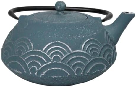 Ebros Gift Traditional Oriental Tetsubin Blue Seigaiha Waves Design 40oz Cast Iron Teapot With Enameled Interior And Strainer Asian Japanese Chinese Fusion Housewarming Tea Pot Accent - Image 2