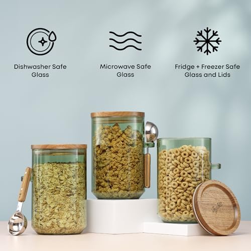 JoyJolt Holden 32oz Stackable Glass Storage Containers with Lids and Scoops, Airtight Food Canister Set of 3 w/Acacia Wood Lids, Round Stacking Pantry and Kitchen Containers w/Scoop | Sage Green - Image 3