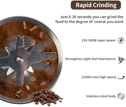 Electric Coffee Grinders，150-300w Silver Spice Grinder, One-Button Operation to Grinder Coffee Beans, Spices, Dry Herbs, Nuts, etc.1 Plastic Brush and 1 Plastic Spoon Included - Image 2