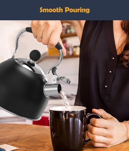 Tea Kettle, 2 Quart Stainless Steel Whistling Tea Kettle, Stovetop Whistling Teakettle Tea Pots for Stove Top with Ergonomic Folding Handle, Small Teapot, Water boiler for Tea, Coffee (Black) - Image 6