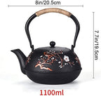 1100ml Antique Cast Iron Teapot With Insulation Handle, Chinese Plum Blossom Pattern Tetsubin Tea Kettle As Gift Black - Image 2