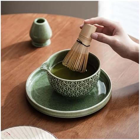 Matcha Set 2/6 Pieces - Green Pattern Tea Bowl, Bamboo Stirrer, Spoon & Filter Traditional Ceremony(6 pieces A) - Image 3