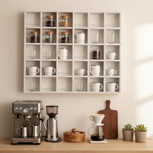 Kigley Oversize Coffee Mug Display Rack Wooden Shelves Rustic Shot Glass Display Case Travel Mug Shelf Wall Mounted Rack Holder Shadow Box(5 x 6,White) - Image 5