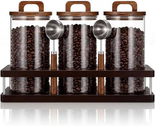 Suclain 3 Pcs 42 oz Glass Coffee Grounds Container with Shelf Glass Coffee Bean Storage Canisters with Airtight Lid and Measuring Spoon Food Storage Jars for Kitchen Sugar (Vintage Style) by Suclain