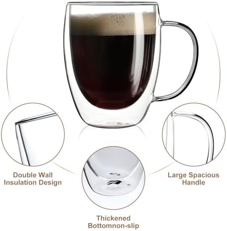 Aurzen 4 Pack Double Walled Glass Coffee Mugs with Handles, Large Insulated Layer Coffee Cups, Clear Borosilicate Mugs, Perfect for Cappuccino, Tea, Microwave Safe - Image 2