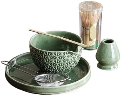 Matcha Set 2/6 Pieces - Green Pattern Tea Bowl, Bamboo Stirrer, Spoon & Filter Traditional Ceremony(6 pieces A) by Unknown