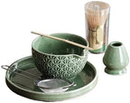 Matcha Set 2/6 Pieces - Green Pattern Tea Bowl, Bamboo Stirrer, Spoon & Filter Traditional Ceremony(6 pieces A) by Unknown