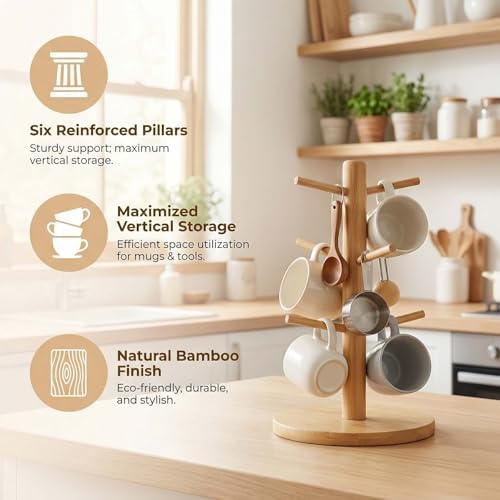 Naapesi Tree Cup Holder with 6 Hooks, Bamboo Cup Holder, Bamboo Brezel Holder, Space-Saving Coffee Cup Holder, Natural Smooth Without Burrs, Perfect for Parties and Kitchen - Image 6