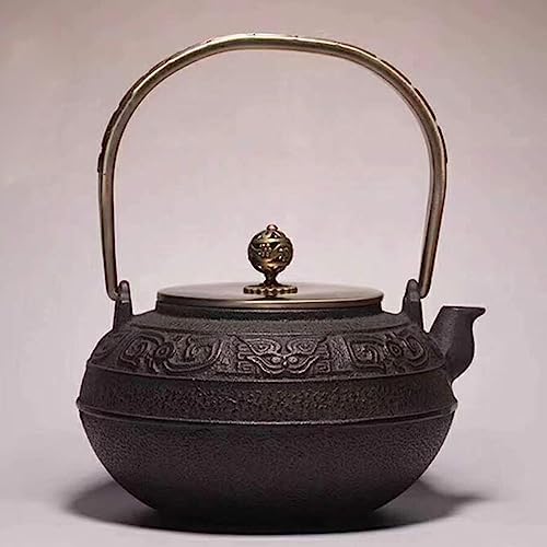 Cast Iron Teapot with Copper Handle/Lid, Pig Iron Teapot Cast Iron Tea Kettle 1200ml Retro Japanese Style Tetsubin Iron Teapot for Charcoal Stove Induction Cooker (Beast head) by Unknown