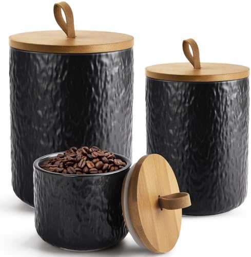 Ceramic Canister Set for Kitchen Countertop, 3 Airtight Food Storage Containers, Modern Coffee Storage Jars for Flour, Sugar, Pasta, Cookies, Tea(Black) by YUNLINLI