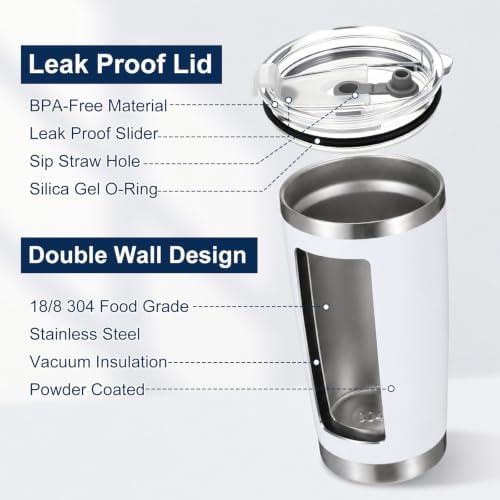 6 Pack 20oz Tumbler Bulk White Stainless Steel Tumbler with Lid - Image 3