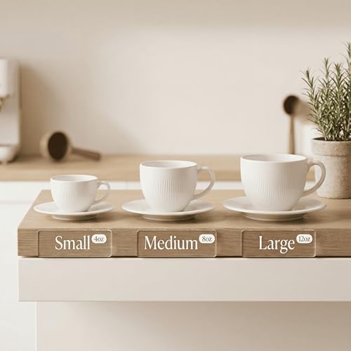 Elegant Ribbed Ceramic Cup and Saucer Set, White, 3 Sizes - Image 2