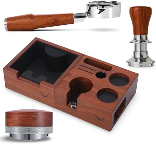 58mm Espresso Accessories Kit Compatible With ECM, Rocket, Profitec, Quick Mill, Lelit, E61 – Rosewood Bottomless Portafilter, Calibrated Tamper, Distributor, Tamper Station & Knock Box by KNODOS