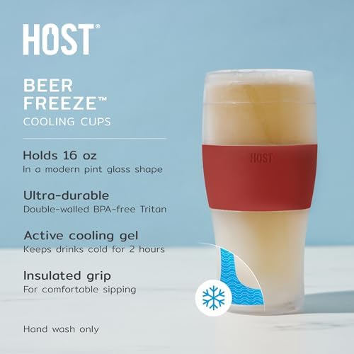 Host FREEZE Beer Glasses, Frozen Brew Mugs, Freezable Pint Glass Set, Insulated Beer Glass to Keep Your Drinks Cold, Double Walled Insulated Glasses, Gift for Dad, 16oz, Set of 2, Crimson Red - Image 2