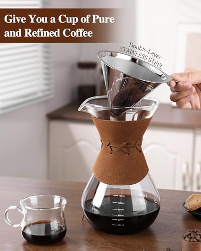 Pour Over Coffee Maker with Double-Layer Stainless Steel Filter - 27 oz Pour Over Coffee Dripper with Leather Collar, Heat Resistant 5 Cups Glass Coffee Carafe with Cork Lid for Hand Brewing Lovers - Image 3