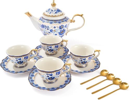 Fine Bone China Tea Set with Teapot, Teacups & Spoons & Saucers 13-Pieces Blue, Porcelain White & Gold Detailed Dream Vintage Floral - Coffee & Teas, Gifts for Mom, Her, Housewarming, Wedding Service by Gute