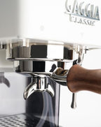 58mm Double Spout Portafilter - Fits Gaggia Classic & Pro – Premium 304 Stainless Steel + 18-20g Basket Included (Walnut) - Image 3