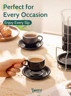 Sweese 2.5 Ounce Porcelain Stackable Espresso Cups with Saucers and Metal Stand Set of 4, Black - Image 5