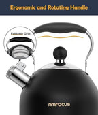 Tea Kettle, 2 Quart Stainless Steel Whistling Tea Kettle, Stovetop Whistling Teakettle Tea Pots for Stove Top with Ergonomic Folding Handle, Small Teapot, Water boiler for Tea, Coffee (Black) - Image 4
